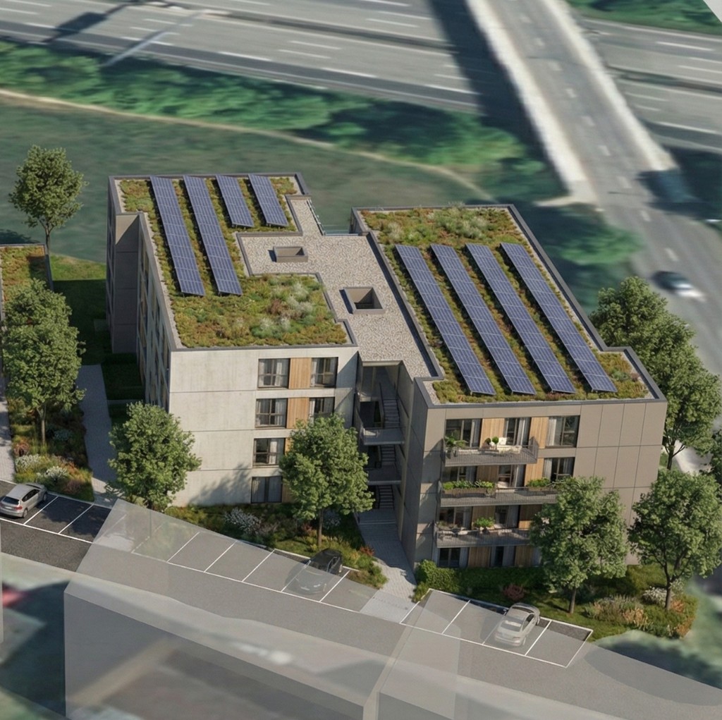 Beispiel-Rendering: Moderne Wohnanlage mit Solaranlagen auf dem Dach